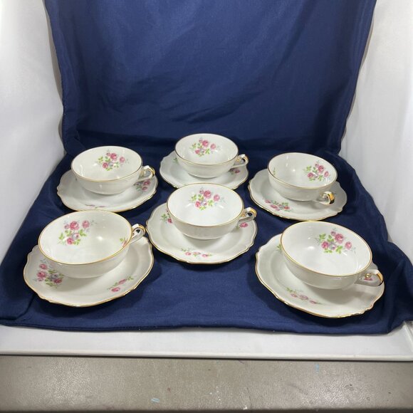 Vintage Gold-Trimmed Porcelain Tea Cups & Saucers Set Floral Rose Pattern 12 Pie - Picture 2 of 5